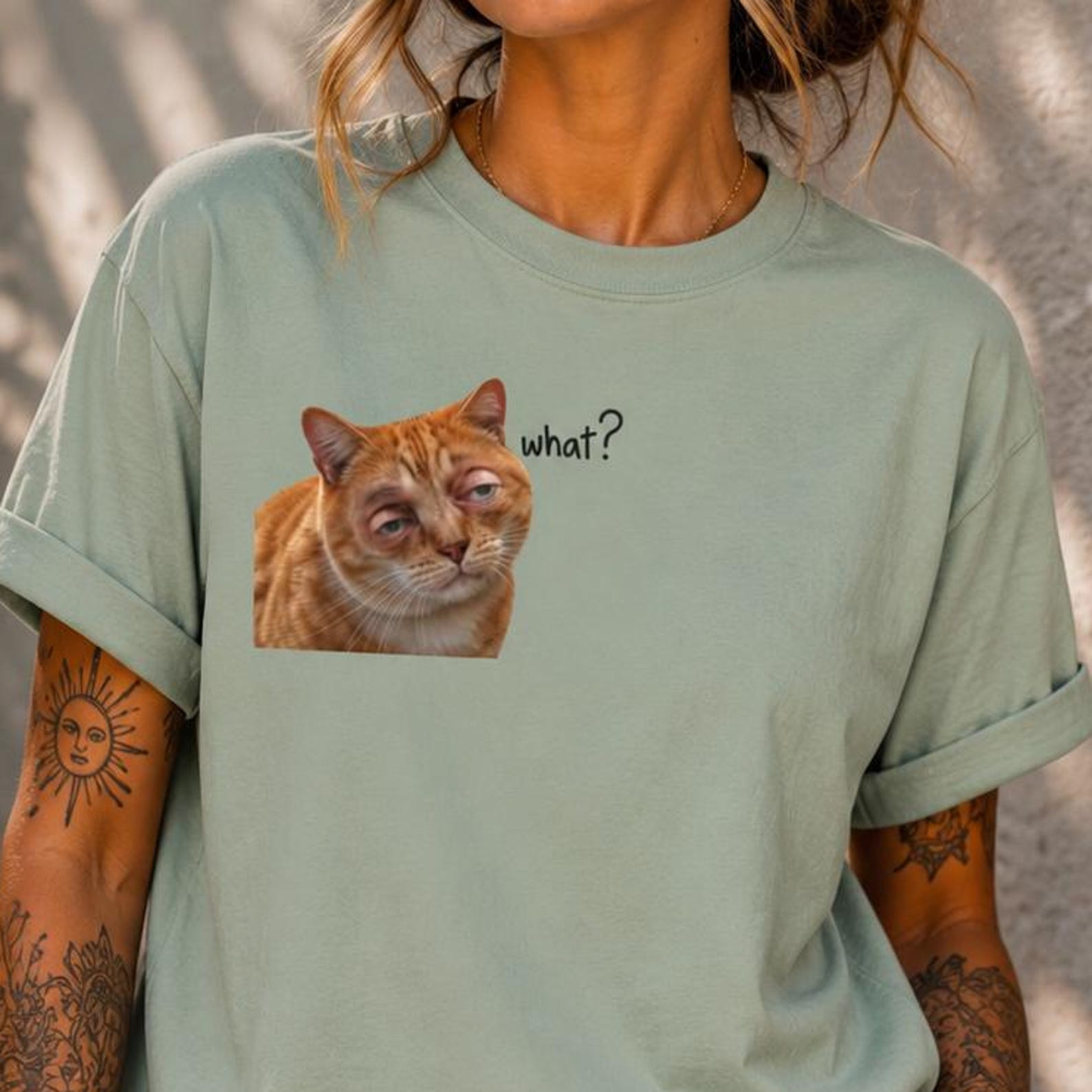 Funny Grumpy Orange Cat What? Shirt, Sarcastic Cat Meme T-Shirt, Comfort Colors Vintage Washed Graphic Tee L
