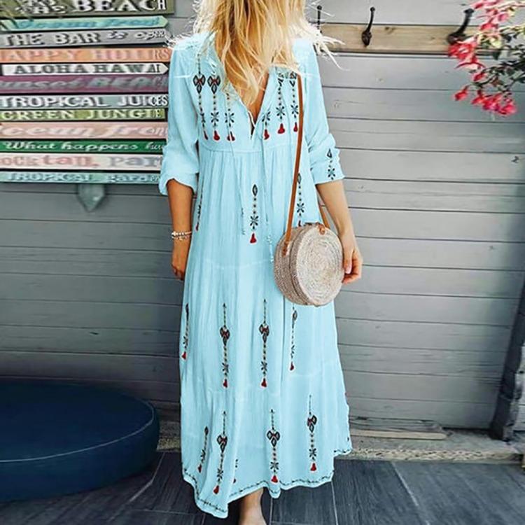 Damenmode Retro V-Ausschnitt Locker Langarm Maxi-Kleid mit Druck