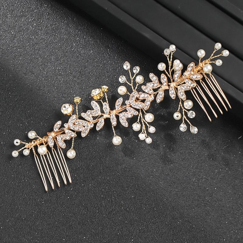 Pearls Rhinestones Hair Comb Bridal Hair Accessories Tiaras Leaf Hairpin For Bride Wedding Party Prom Event Hair Jewelry