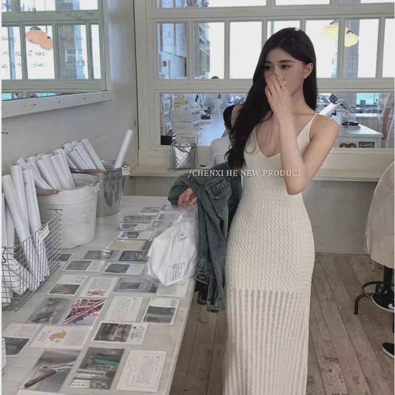 Women's Summer White Knitted V-Neck Suspender Dress - Slim, Sexy, Pure Desire Style