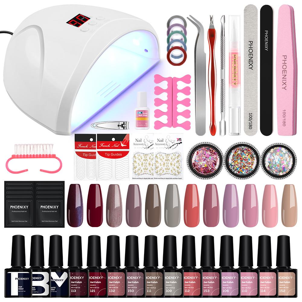 

Маникюрный набор PHOENIXY с лампой для ногтей, 12 цветов, гель-лак для ногтей, замачиваемый гель-лак, полуперманентный лак для ногтей, инструменты для дизайна ногтей
