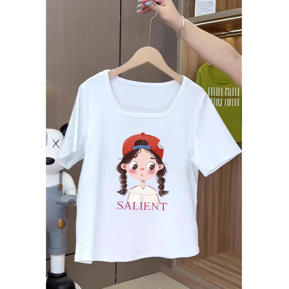 

Brand American retro square collar high street casual short-sleeved t-shirt women s niche Hong Kong style chic crew neck top summer M [80-60kg]