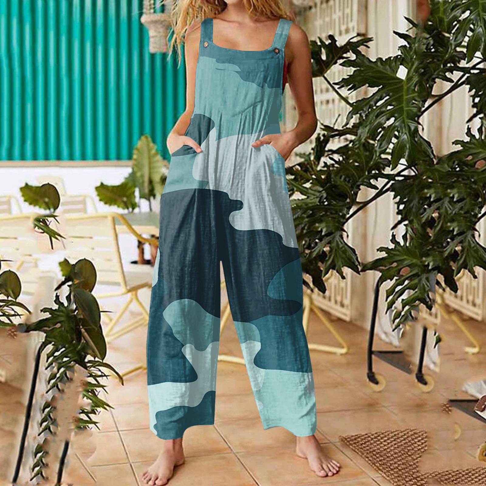 

Womens Casual Overalls Jumpsuits Adjustable Straps Sleeveless Print Comfy Rompers With Pocket XXL