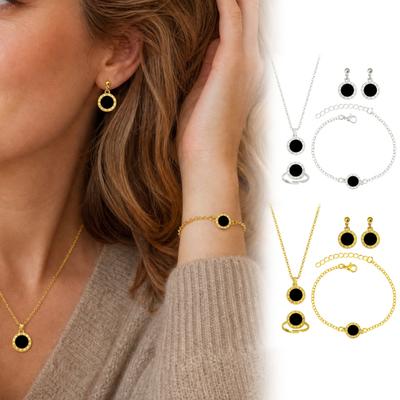 4Pcs/Set Jewelry Set for Women, Adjustable Fit Necklaces Bracelets Earrings Rings Set, Round Black Stones Inlay Stackable Jewelry Set for Daily Wear