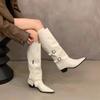 High Heel Pointed Brown Pants Boots Women's Boots 2025 Autumn and Winter White Skinny Boots Medium Knight Boots