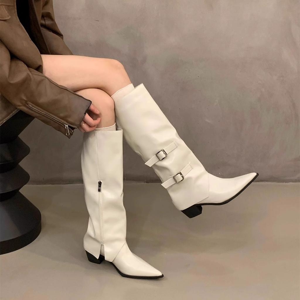 High Heel Pointed Brown Pants Boots Women's Boots 2025 Autumn and Winter White Skinny Boots Medium Knight Boots