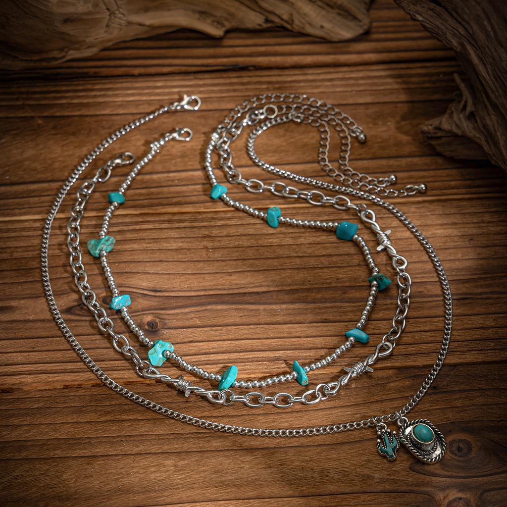 3Pcs/Set Vintage Turquoise Cowboy Hat Pendant Necklace Multilayer Ethnic Style Clavicle Chain Necklaces Choker Neck Jewelry