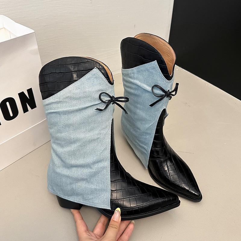 

Boots women s summer 2025 new high-end pointed head thick heel bow short boots with skirt temperament trousers fashion boots 42