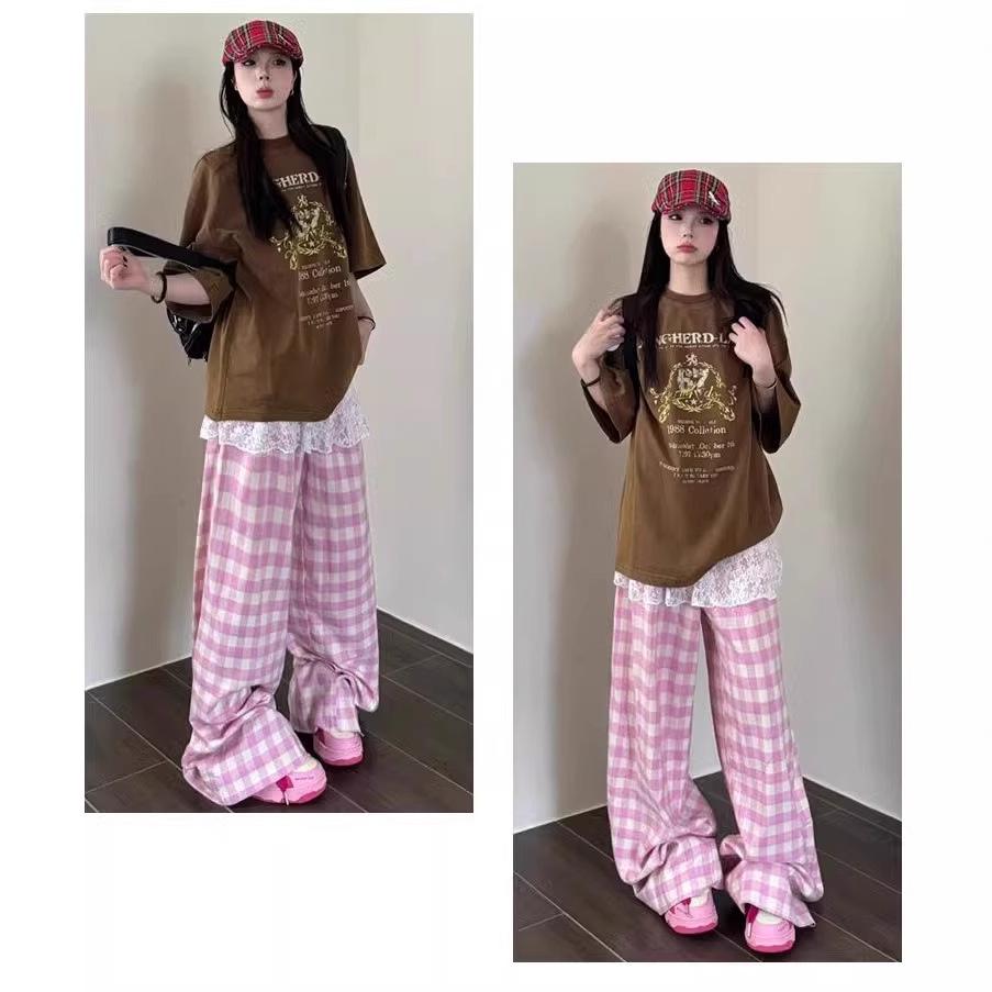 Women's Blue Plaid High-Waisted Loose-Fit Yamamoto Pants - Petite, Casual Wide-Leg, Spring/Autumn 2025 Collection.