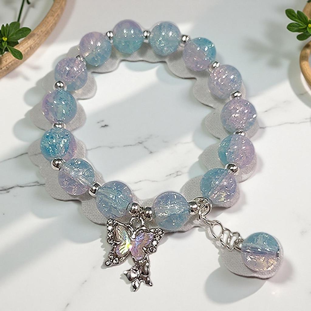 Braccialetto in Vetro Fiore Esplosione Fantasy da 10 mm: Ciondolo Farfalla Colore Degradé Design di Nicchia per Donne e Migliori Amiche.