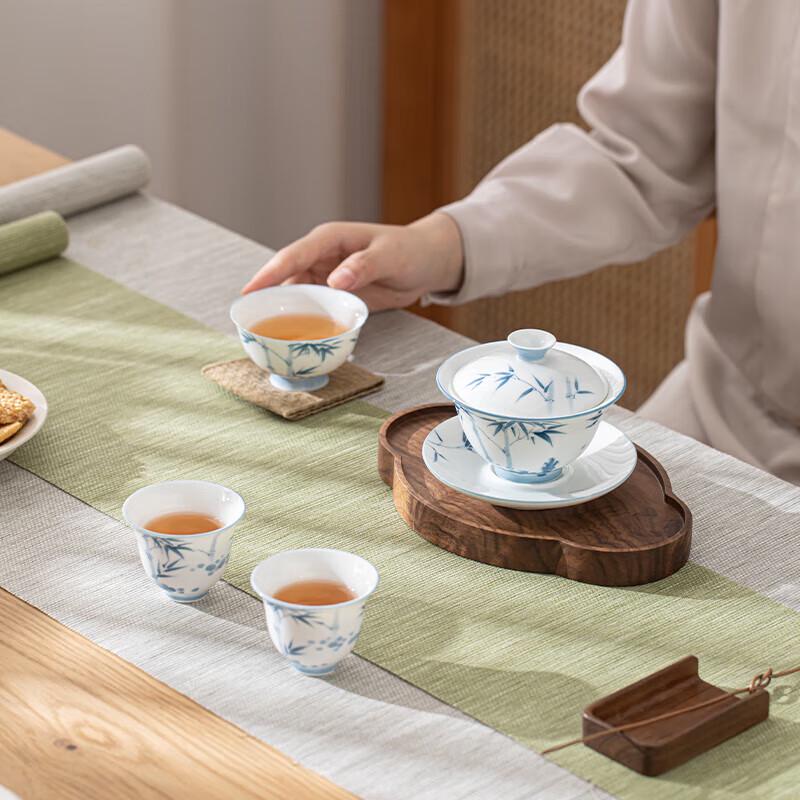 Hand-Painted Green Bamboo Jade Porcelain Gaiwan Tea Set