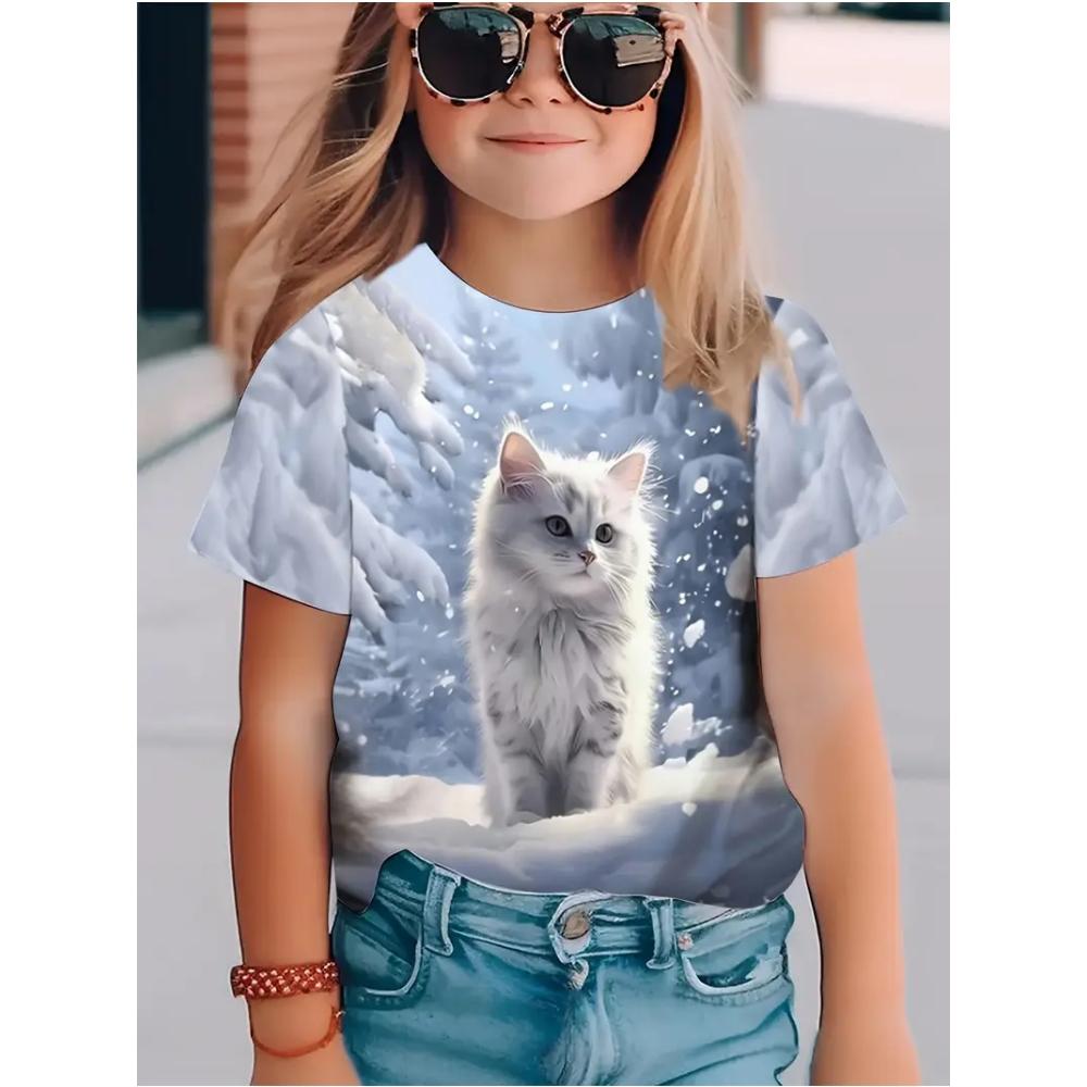 Kids Clothes 3D Print Graphic T Shirts Cute Cat Comforts Casual Tops Summer Short Sleeves Crew Neck Children Clothes Girl