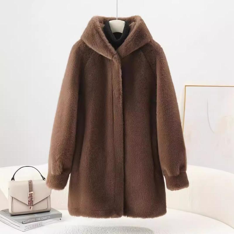 Autumn and Winter Women's Fur One-piece Faux Fur Hooded Mid-length Coat