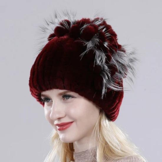 Brand Women Genuine Rex Rabbit Fur Hats Winter Rex Rabbit Fur Beanies Striped Top Flower Fox Fur Warm Real Fur Knit Caps