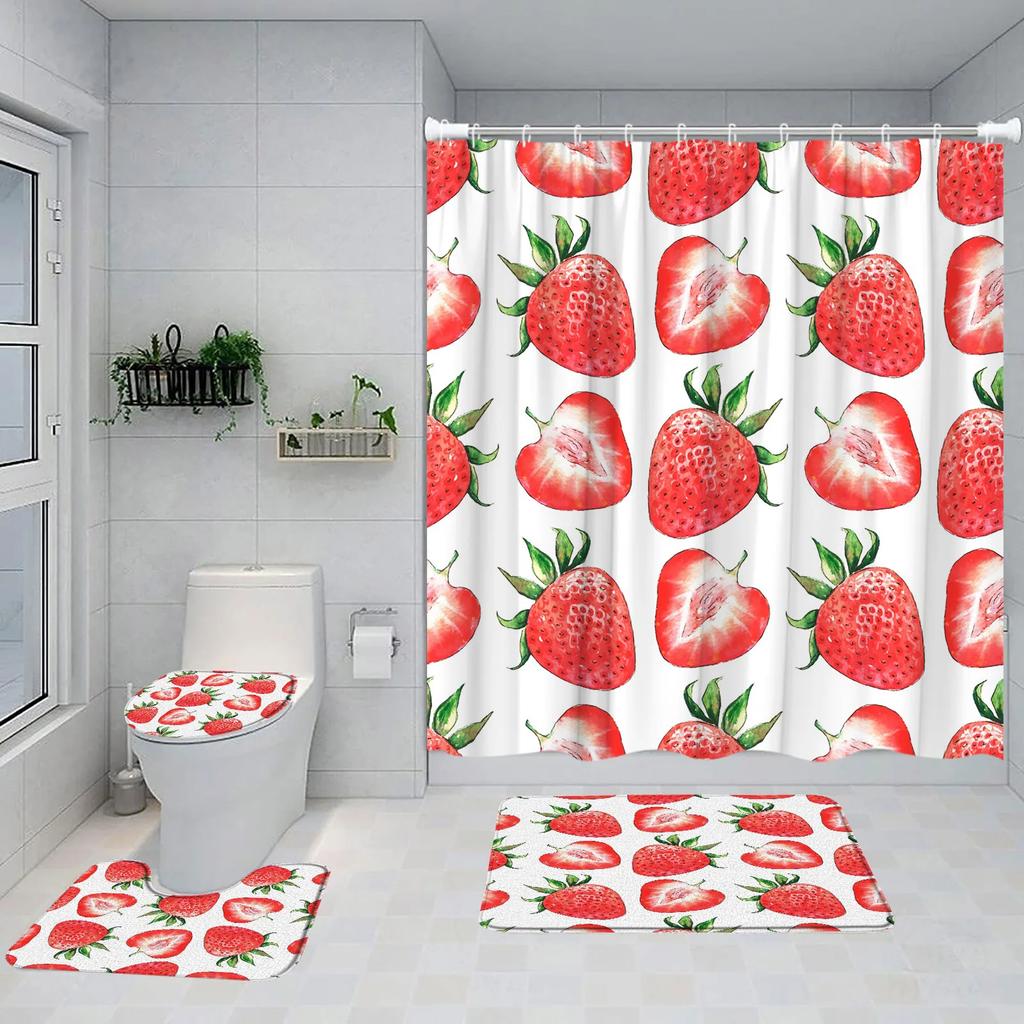 Strawberry Pink Shower Curtain Set Girls Woman Fruit Summer Bathroom Decoration Bathtub Rug Mat Home Carpet Toilet Lid Cover