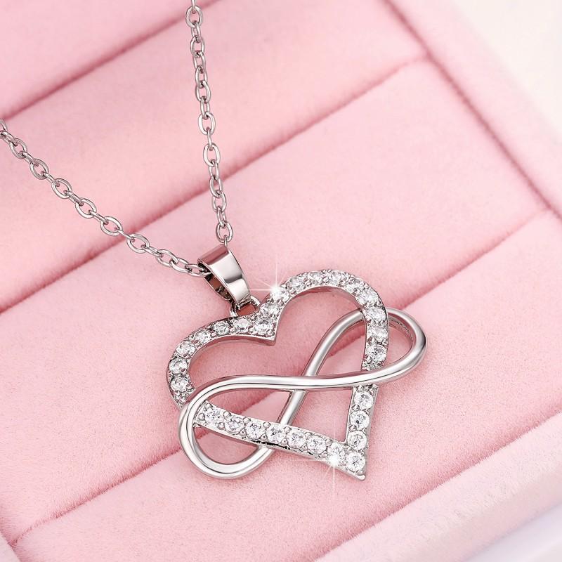 Chic Women Heart Pendant Necklace Silver Color Elegant Infinity Finger Eight Shape Necklace Wedding Party Trendy Jewelry
