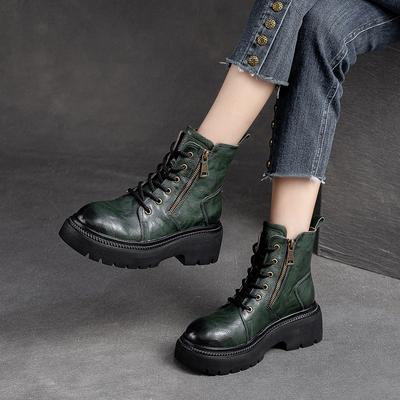 Fashion GKTINOO 2025 Cow Leather Quality Women Shoes Autumn Winter Square Med Heel Ankle Boots Lace Up Zipper Ladies Pumps Size 35-40