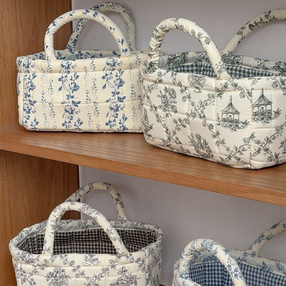 Hand-held French Vine Handbag Printed Floral Organizers Basket Laundry Storage Basket  Home Office