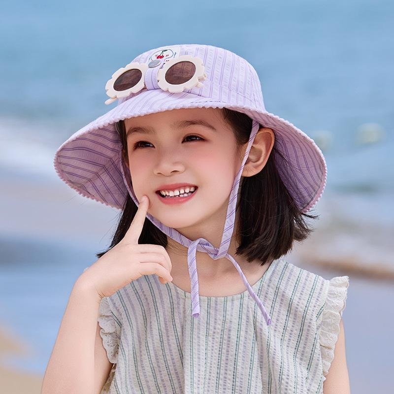 Children's hat Fresh striped sunscreen hat Girls outdoor outing visor hat with sunglasses strapped big eaves bucket hat