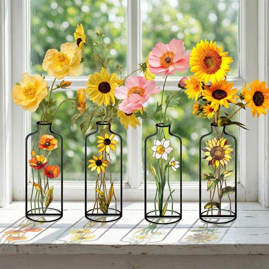 4 Pcs Wire Flower Vases Hollow Desktop Planter with Stained Glass Floral Design Hydroponic Propagation Station Flower Holder for Home Wedding Decor