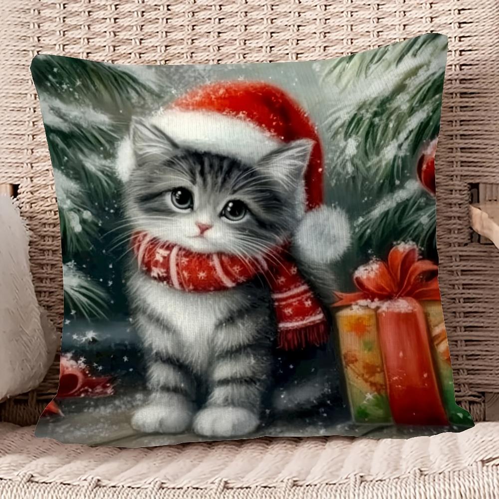 1pc Double-Sided Christmas Cat Pillowcase Suitable for Patio and Garden - Cute Gray & White Cat with Santa Hat & Scarf, Snow Scene Design, Zipper Clos