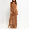 Women's Round Neck Sleeveless Crochet Maxi Dress Loose Fit High Waist Casual Beach Cover Up