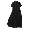 2025 summer new solid color cotton and linen shirt skirt women's retro drawstring waist Polo collar short-sleeved dress women
