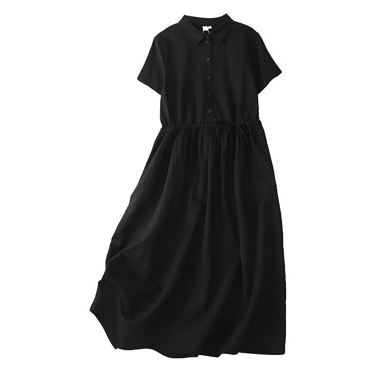 2025 summer new solid color cotton and linen shirt skirt women's retro drawstring waist Polo collar short-sleeved dress women