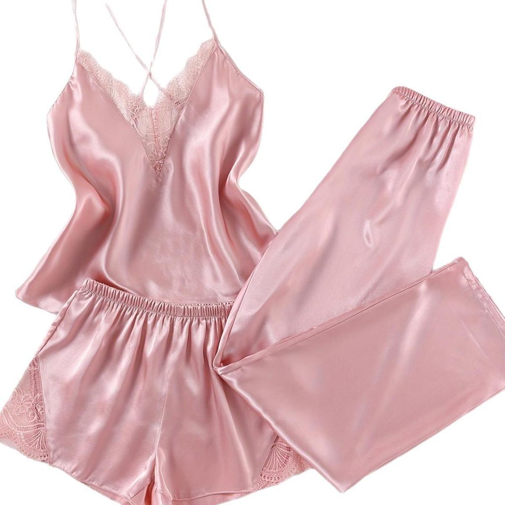 Damen Spitzen-Satin-Pyjama-Set - Camisole, Shorts & Wickelmantel