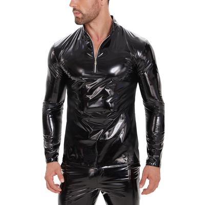 Veste en Cuir PU Coupe Ajustée pour Homme - Finition Miroir, Col Droit, Manches Longues, Fermeture Éclair, Vêtement Décontracté, Sans Odeur
