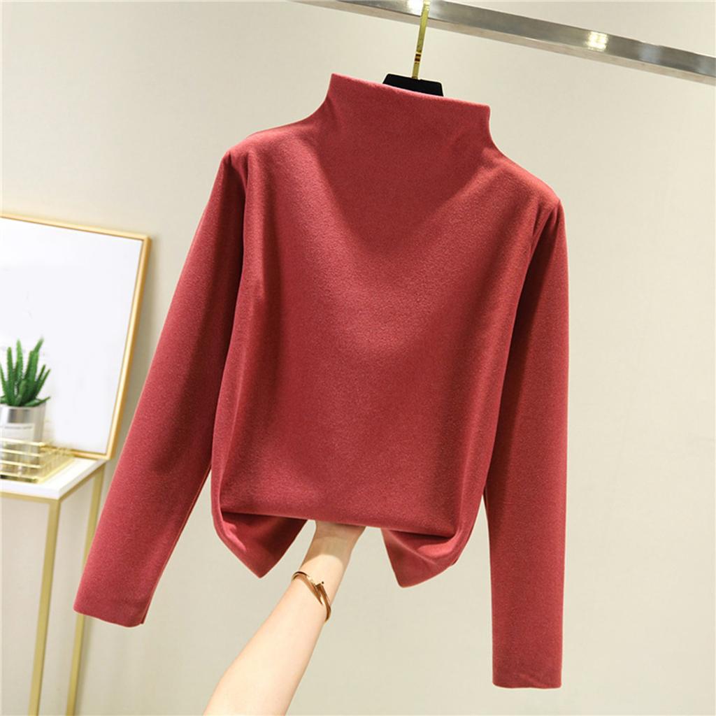 Women's Thick Fleece Base Shirt With Warm Inner Layer And Seamless Long Sleeved T-shirt Half High Neck Top