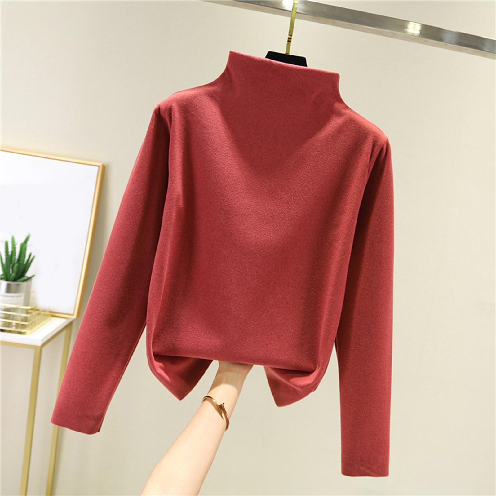 

Women s Thick Fleece Base Shirt With Warm Inner Layer And Seamless Long Sleeved T-shirt Half High Neck Top XL киноварь