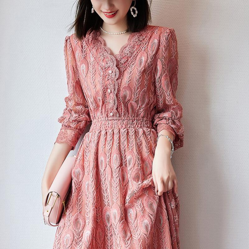 Demana Retro Lace French V-Neck Puff Sleeve Midi Dress