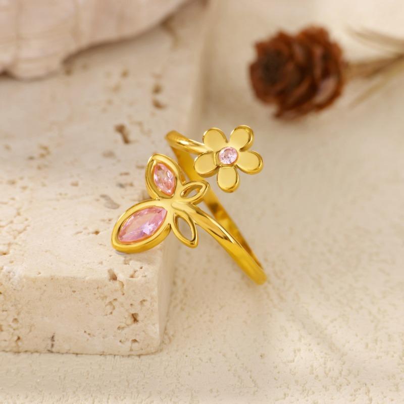 Spring and Summer New Rainbow Zircon Flower Butterfly Ring Women's Gold Titanium Steel Open Ring Jewelry