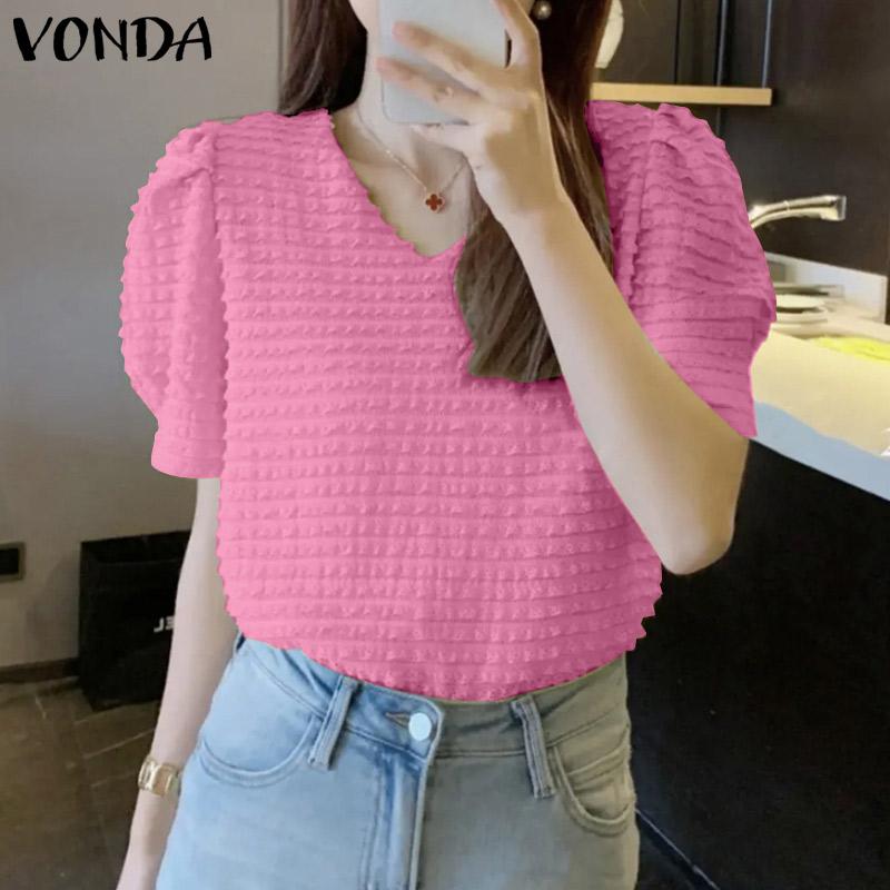 

VONDA Лето Женщины Пыхт с коротким рукавом Сплошной цвет Топы V Шея