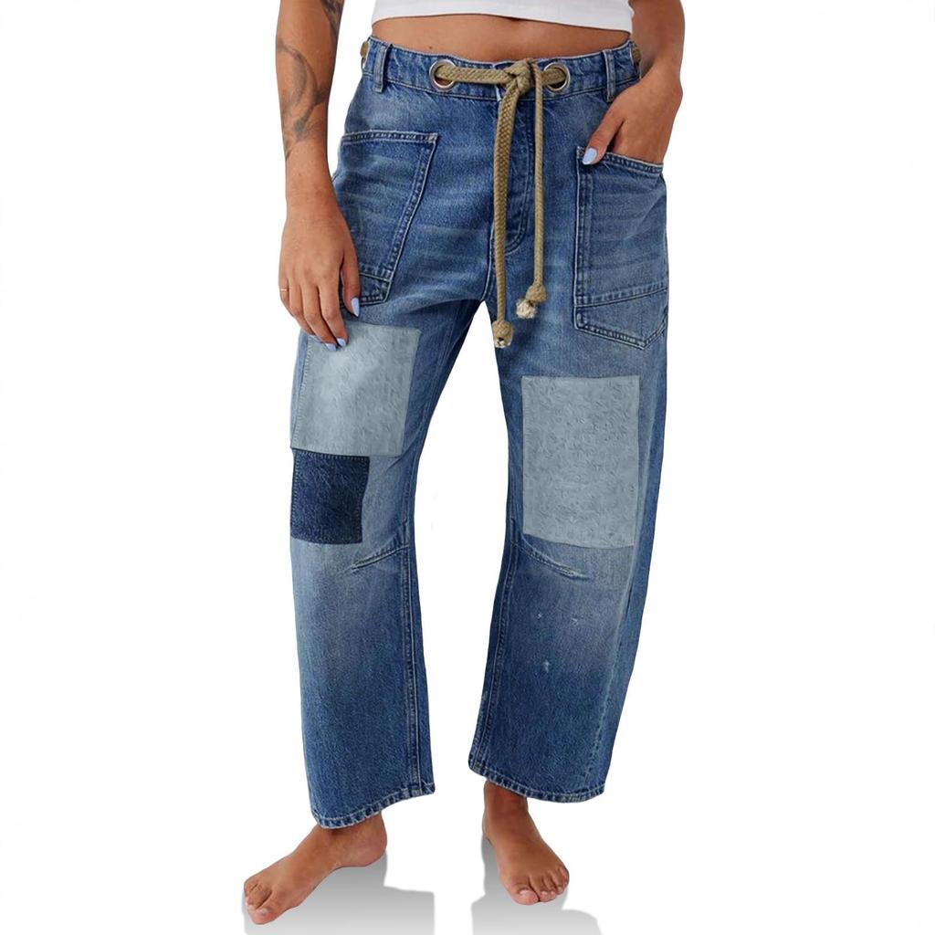 Jeans larghi da donna con coulisse, patchwork, gamba dritta larga, pantaloni in denim, pantaloni casual