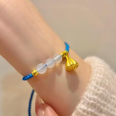 Chalcedony Lotus Pod Bracelet Female Minimalist Niche Design Sense Small Gold Bead Lotus Hand Woven Hand Rope