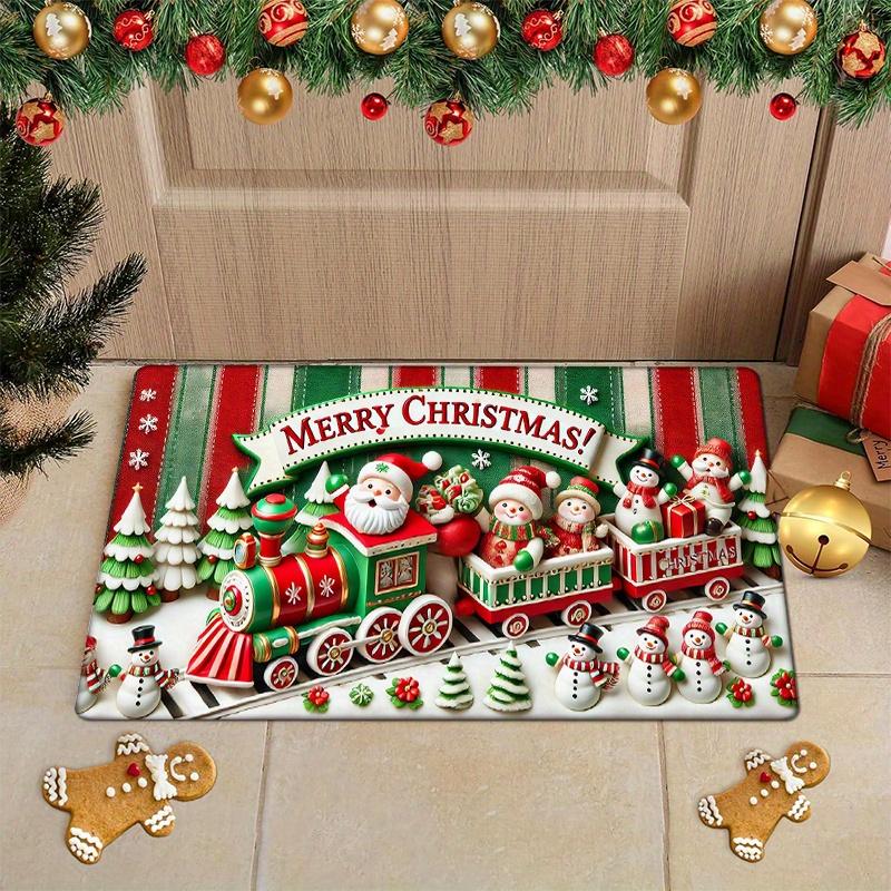 Christmas Train Flannel Door Mat Carpet, Santa Snowmen Merry Christmas Print Non-Slip for Kitchen Living Room Decor 40x60cm