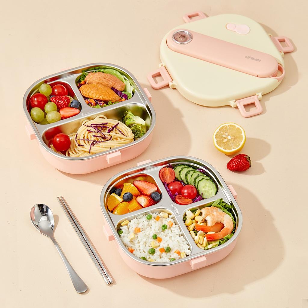 3/4 Grid Portable Square Lunch Container With Cutlery Capybara 304 Stainless Steel Divided Lunch Box For Kids Student Heatable