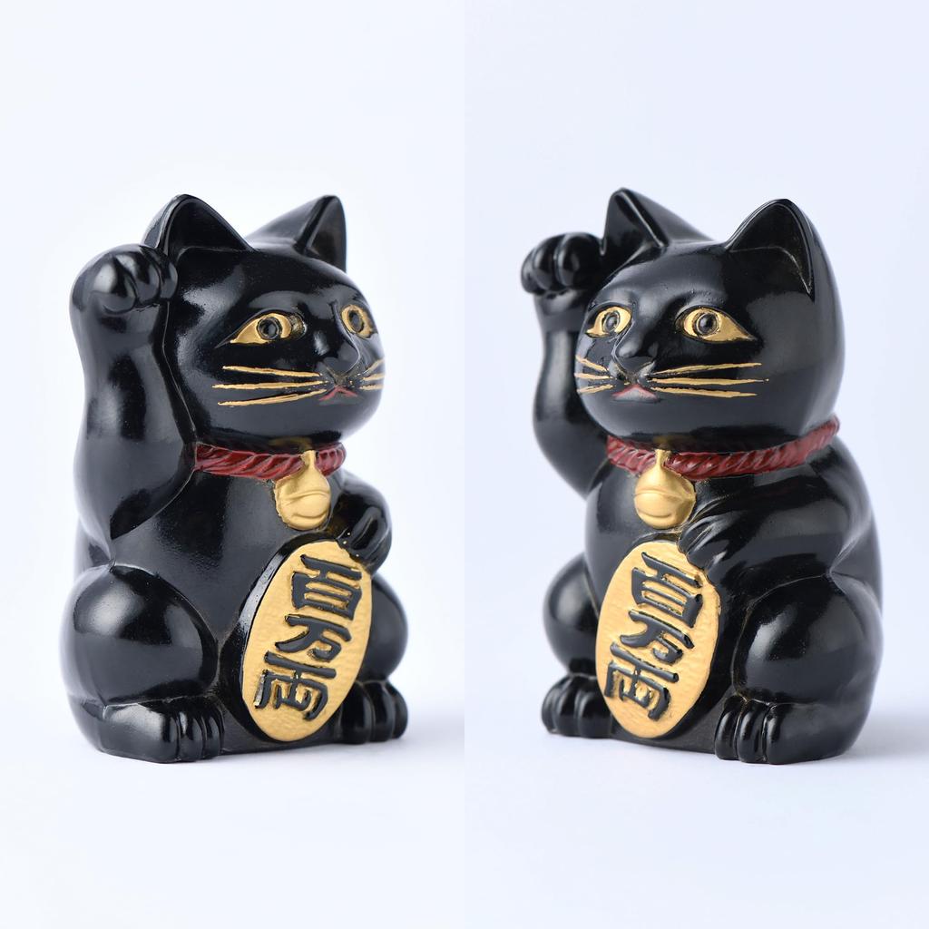 Ginjado Maneki Neko Black Lacquer Hand of Cat Maneki Neko Good Luck Feng Shui Figurine Takaoka Copperware Neko Color_Right Raised/Made Metal_Lucky
