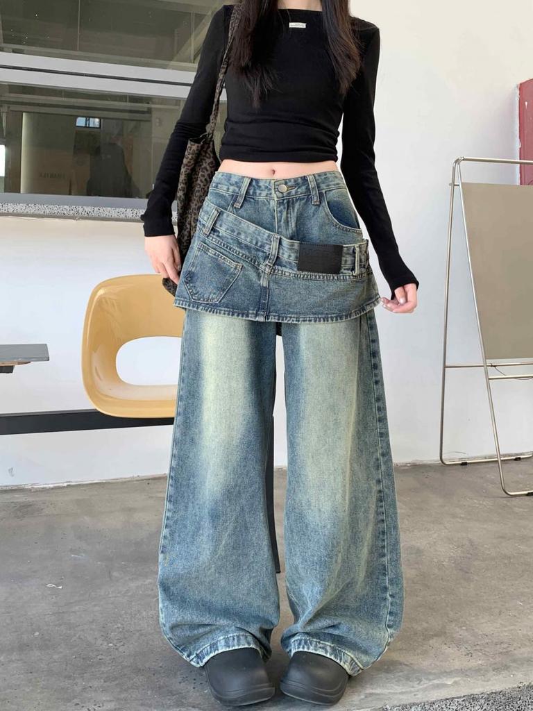 Women's Retro Two-Piece Look Hem Jeans: Loose, Straight-Leg Wide Pants