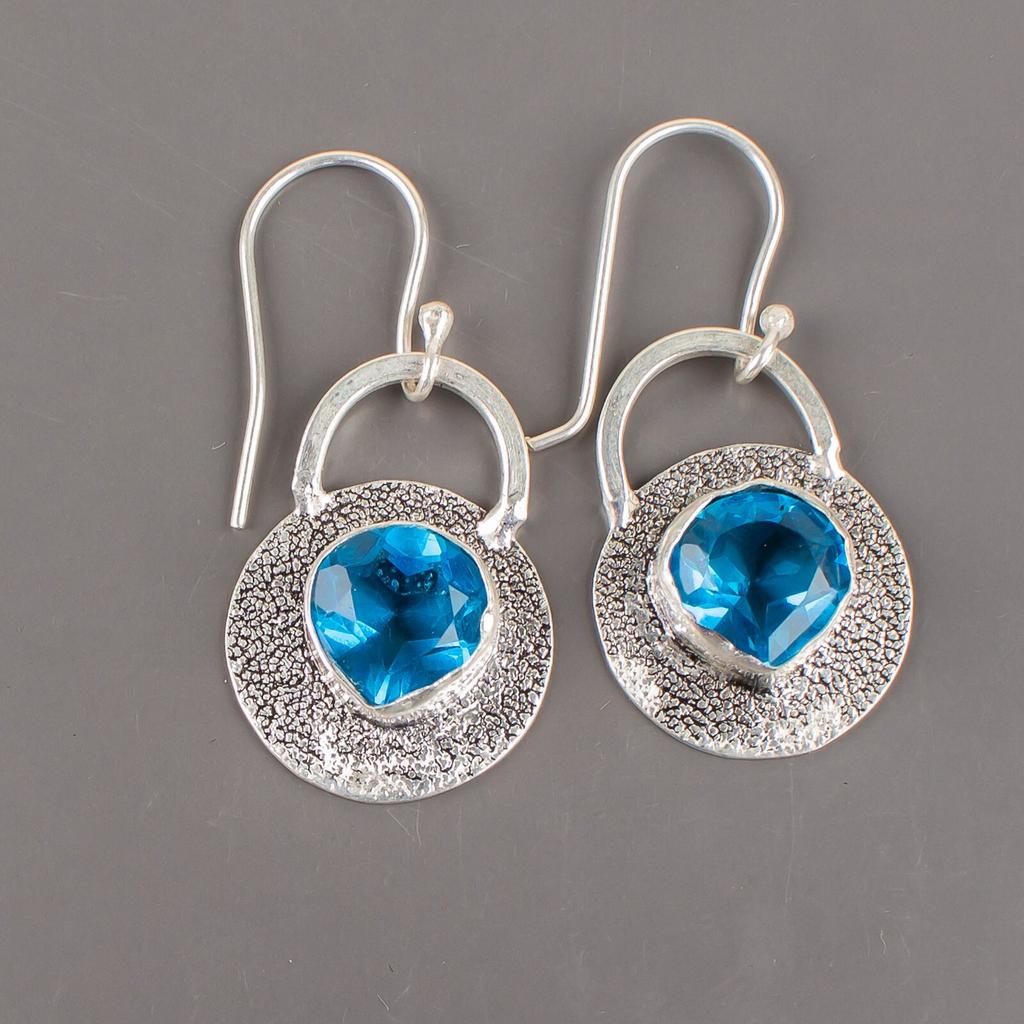 Swiss Blue Topaz Gemstone 925 Sterling Silver Jewelry Handmade Earrings 1.30" EE-63-11