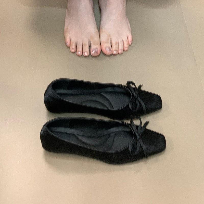 Satin square head bow Mary Jane shoes satin pleated light mouth single shoes 35