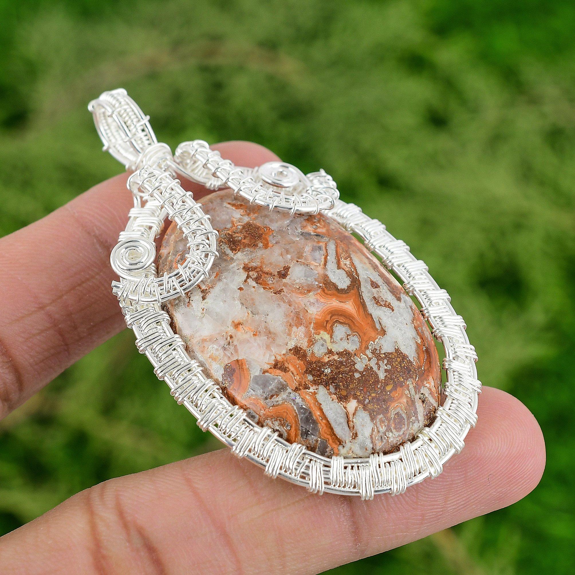 

Oval Natural Rosetta Jasper Sterling Silver Wire Wrapped Bezel Pendant Jewelry