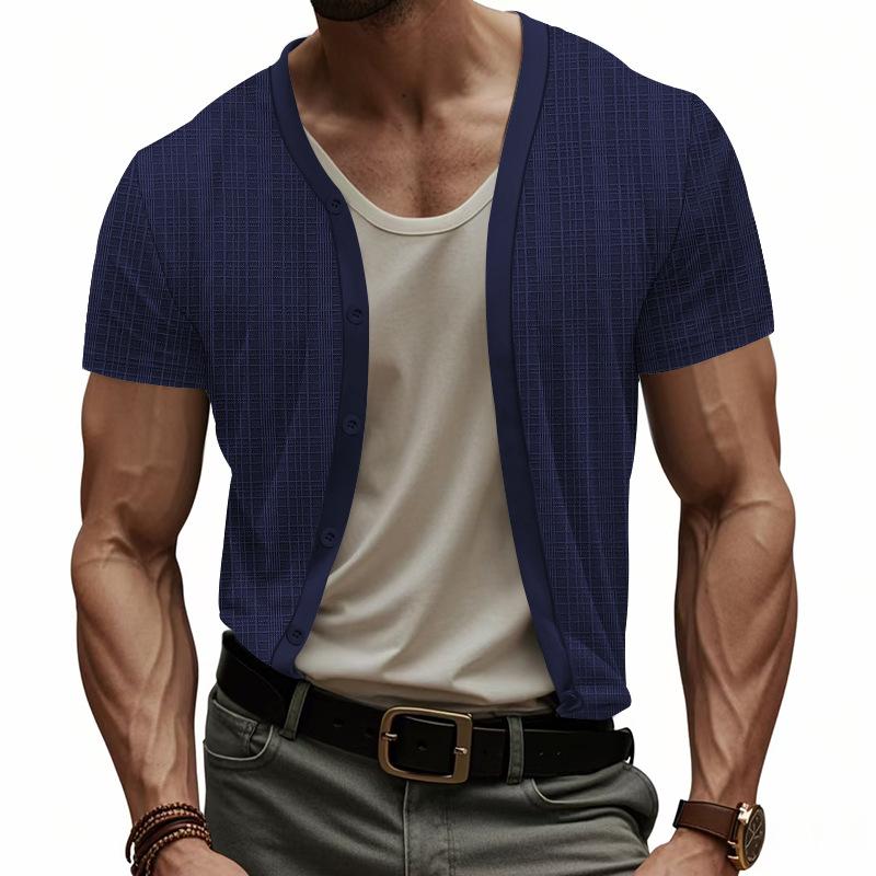 

Summer Men s T-shirt Casual Breathable Button Up Cardigan Short Sleeve T-shirt for Men XL темно-синього кольору