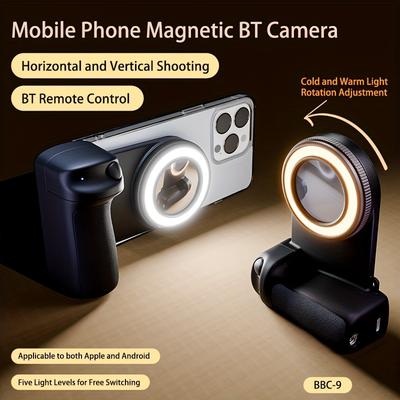 Rukojeť pro fotoaparát mobilního telefonu, držák na fotoaparát smartphonu, magnetická odnímatelná dálková spoušť, 360° otočný magnetický pro pořizování selfie, živé streamování