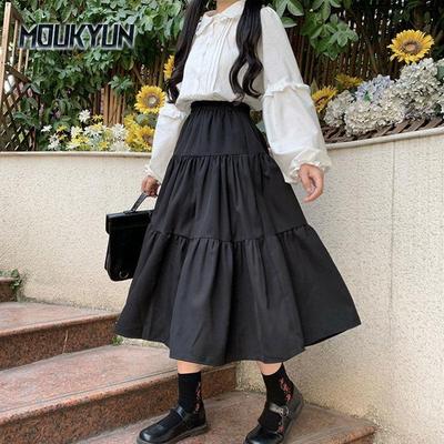 Black Long Skirts Women White Midi Skirt Autumn Soft Girl Preppy Style