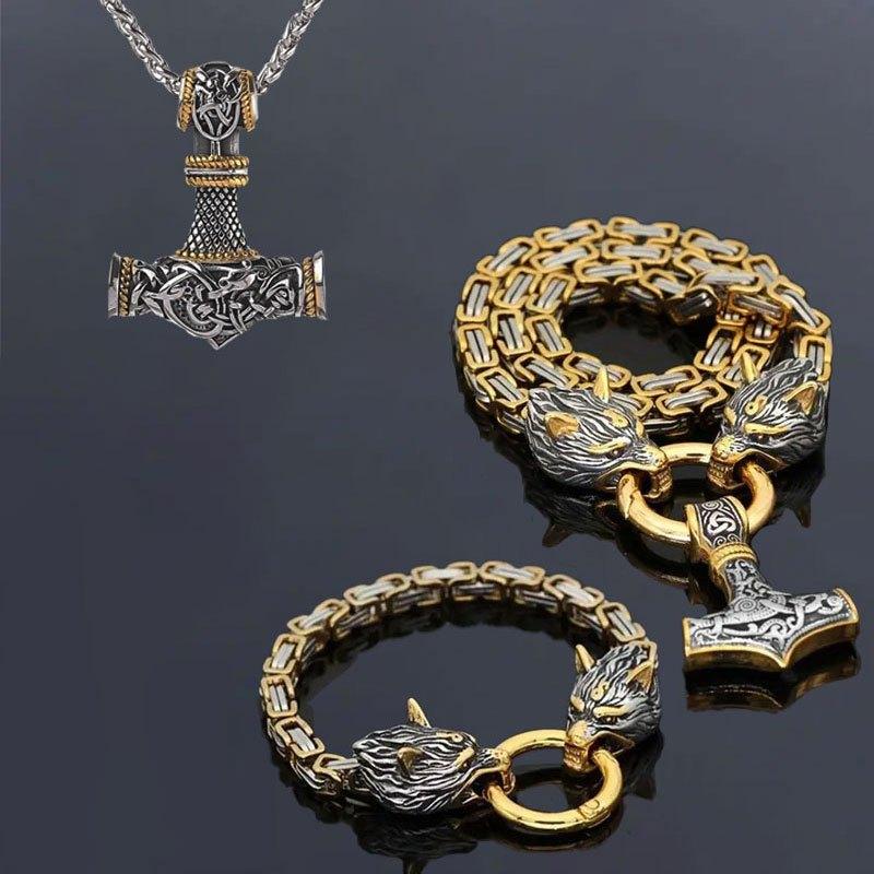 3-piece Vintage Nordic Viking Odin Rune Necklace and Wolf Head Bracelet Set золотистый