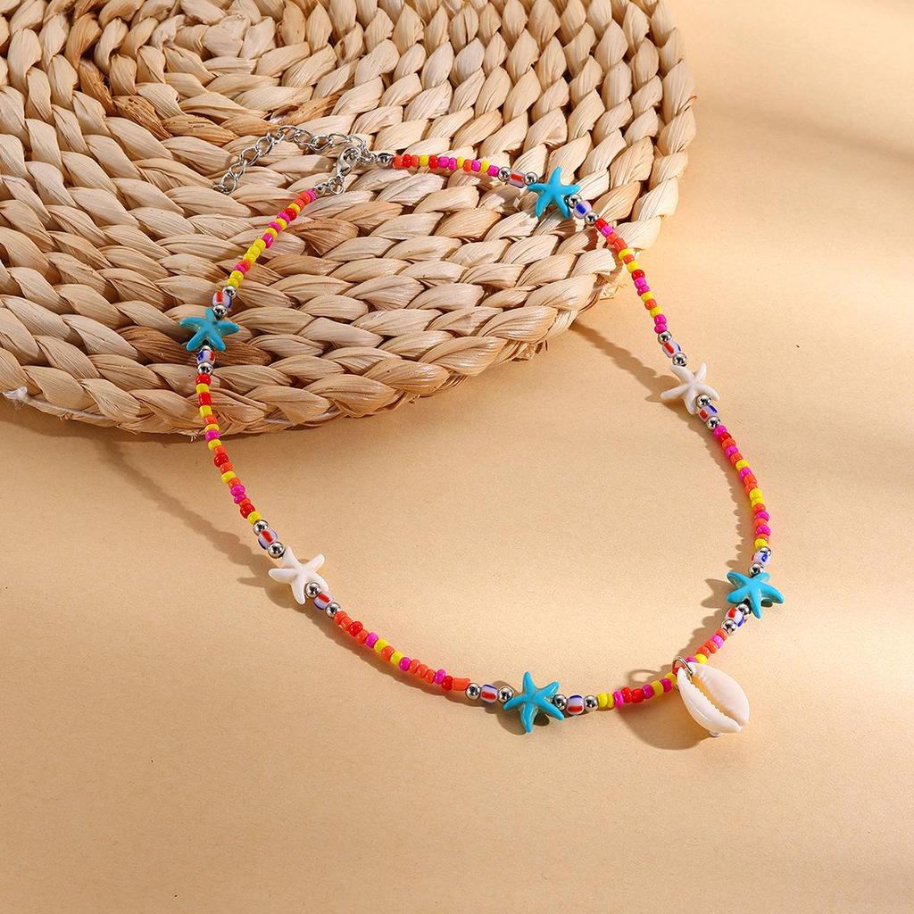 Ocean-Themed Bohemian Starfish & Seashell Beaded Choker Necklace