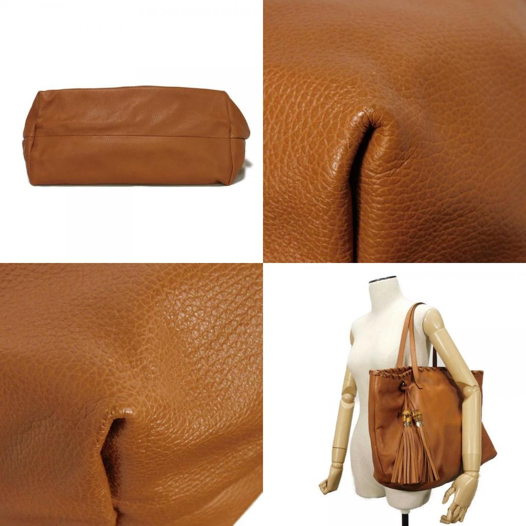 Used 9539 Bamboo Tassel Large Tote 354666 7924 Calfskin Woven Shoulder Bag Charm Brown Unisex from Japan AUTHENTIC